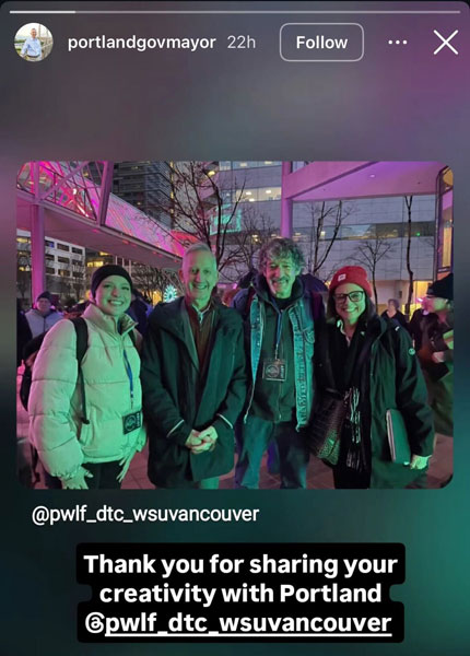 Portland Mayor Wilson with WSU DTC Vancouver students and professor Chris Dreger at the Portland Winter Lights Festival Subsurface Light 3d mapping to buildings